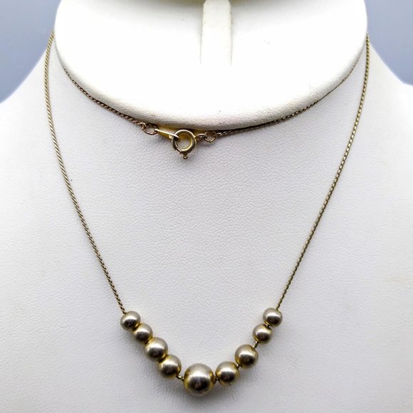 Vintage Silver Tone Slide Bib Necklace, Graduated Ball Beads on Delicate Chain - Picture 1 of 3